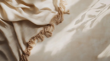 A soft beige fabric drapes gracefully, showcasing elegant fringes and delicate shadows. Ideal for backgrounds in cozy and minimalist design projects.の素材