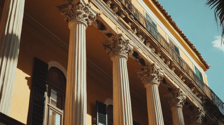 Explore the stunning facade of a historic building featuring elegant columns and intricate architectural details under a bright blue sky.の素材
