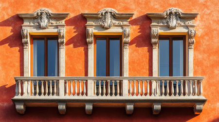 A striking architectural feature showcasing an ornate balcony with three elegant windows, set against a vibrant orange wall, highlighting classic design elements.の素材