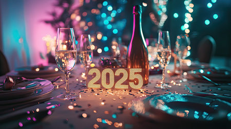 A beautifully arranged table for a New Year celebration featuring sparkling glasses, champagne, and festive lights, perfect for welcoming 2025.の素材