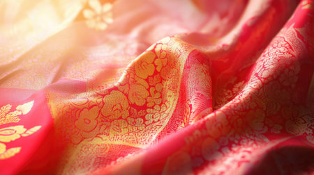 This image showcases an elegant red fabric with intricate floral patterns, enhanced by golden details that create a luxurious look and feel.の素材