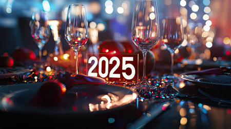 A beautifully set table for a New Year's celebration, featuring elegant glassware and a cheerful 2025 centerpiece, perfect for festive gatherings.の素材