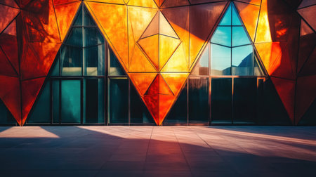 A striking geometric wall displaying vibrant colors and reflections. The interplay of light and shadow creates a dynamic and modern architectural feature.の素材