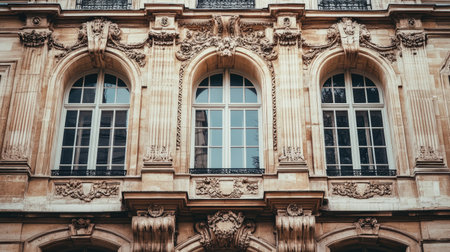Explore the elegant details of a historic building facade showcasing classic architecture and ornate window designs in an urban setting.の素材