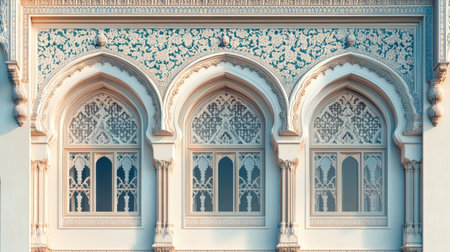 Discover the intricate architectural details of a historic building facade, showcasing ornate windows and decorative patterns that reflect traditional craftsmanship.の素材