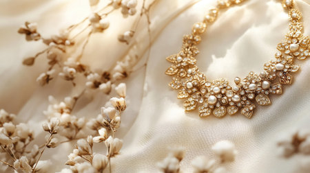 A stunning close-up of an elegant necklace adorned with pearls and floral designs, placed on soft fabric, ideal for showcasing luxury jewelry and fashion.の素材