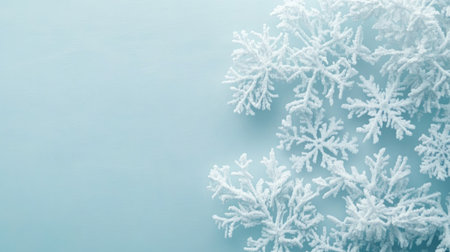 Beautiful frosty snowflakes resting on a soft blue background, creating a serene winter atmosphere. Perfect for seasonal and holiday-themed projects.の素材