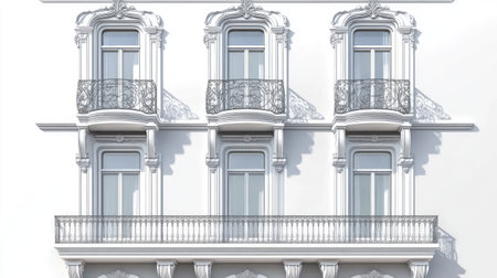 Beautifully designed building facade featuring ornate balconies and elegant windows, showcasing classic architectural style and urban charm.の素材