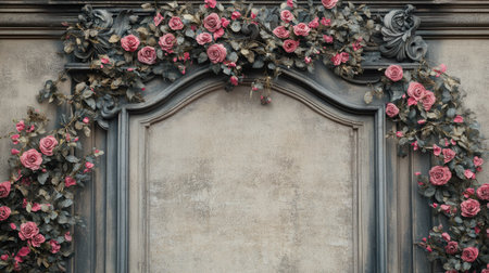 Elegant vintage frame adorned with blooming roses on a textured neutral wall. Perfect for enhancing any art piece or as a stunning decor element.の素材