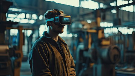 A person engages with virtual reality technology inside an industrial setting, showcasing a blend of innovation and modern machinery within a captivating atmosphere.の素材