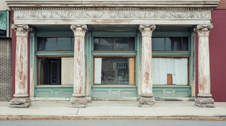 A vintage historic building showcasing decorative columns and an empty storefront. Captures the essence of urban decay and architectural charm.の素材