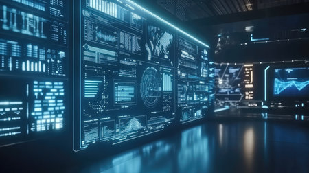 A futuristic workspace showcasing digital displays filled with data analytics, graphs, and visual information, highlighting advanced technology for analysis.の素材