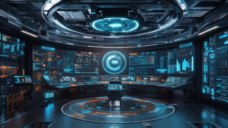 Explore a high-tech futuristic control room featuring advanced monitors and glowing blue details. Ideal for technology and science-centric projects.の素材