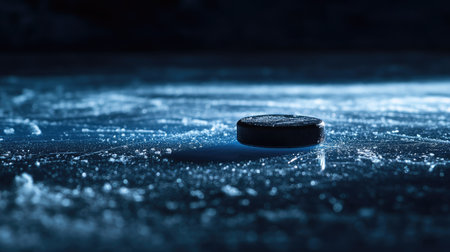 A solitary ice hockey puck rests on a frozen surface, illuminated by a soft blue light. This minimalist scene captures the essence of winter sports and competition.の素材