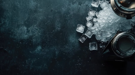 A stylish setup featuring ice cubes and a beverage container on a dark tabletop, perfect for showcasing refreshing drink ideas and culinary creativity.の素材