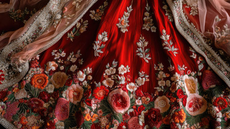 This image showcases an elegant red dress adorned with intricate floral embroidery, highlighting exquisite craftsmanship and vibrant colors perfect for cultural celebrations.の素材