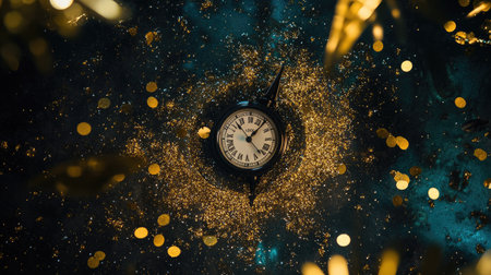 A mesmerizing clock amidst sparkling gold confetti, capturing the essence of celebration and anticipation, perfect for festive themes and new year concepts.の素材