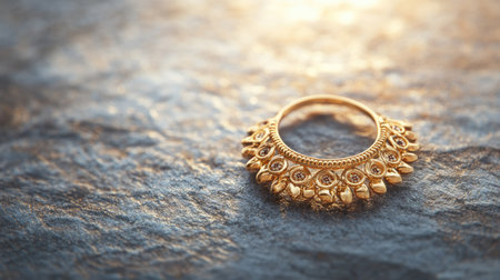 A beautifully designed gold ring rests on a textured surface, showcasing intricate details and a luxurious shine, perfect for jewelry enthusiasts and fashion lovers.の素材