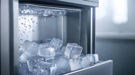 A close-up view of ice cubes in a sleek, modern refrigerator. The image highlights the convenience of having fresh, perfectly formed ice readily available for drinks and refreshments.の素材