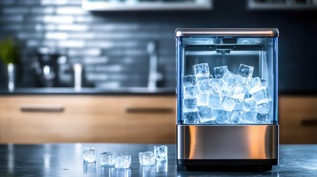A stylish ice maker featuring a sleek design, perfect for modern kitchens. This appliance produces fresh ice cubes efficiently for drinks or parties.の素材