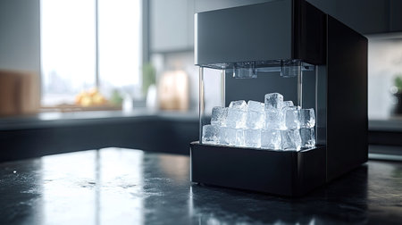 A sleek and modern ice maker sitting on a stylish kitchen counter, showcasing clear ice cubes. The perfect addition for contemporary home aesthetics and beverage convenience.の素材