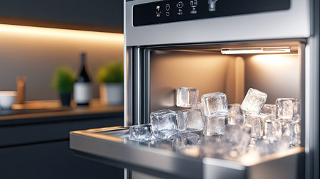 This image features a modern refrigerator with clear ice cubes visible in a well-lit kitchen setting, showcasing contemporary appliance design and functionality.の素材