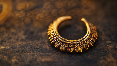 A close-up view of an intricate gold jewelry piece resting on an antique surface, showcasing detailed craftsmanship and elegant design for art enthusiasts.の素材