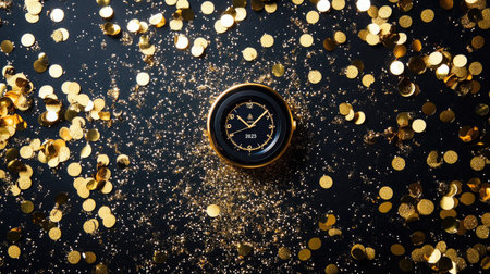 A stunning clock surrounded by sparkling gold confetti, perfect for celebrating special moments. This glamorous image captures elegance and festivity.の素材
