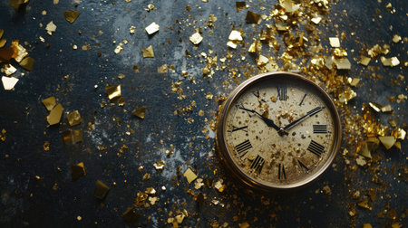 A vintage clock rests on a dark surface surrounded by shimmering gold flakes, capturing the essence of time and celebration in a glamorous setting.の素材