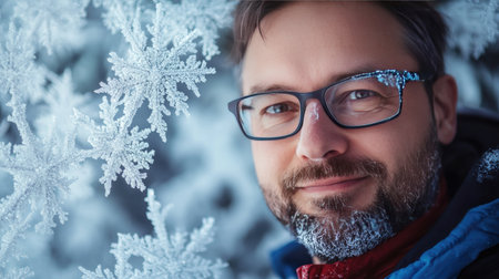A captivating portrait of a man surrounded by delicate snowflakes in a serene winter setting. The refreshing cold enhances the beauty of the scene.の素材
