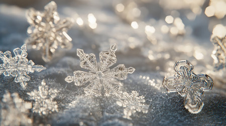 Discover a stunning collection of crystal clear snowflakes resting on a reflective surface, capturing the essence of winter's beauty and delicacy.の素材