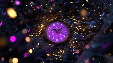A mysterious clock emerges from a bed of dark crystals, illuminated by vibrant sparkles. This surreal and artistic scene evokes a blend of time and fantasy.の素材