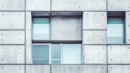 A close-up view of a modern concrete wall showcasing minimalist windows. The design highlights geometric patterns and industrial aesthetics in an urban setting.の素材
