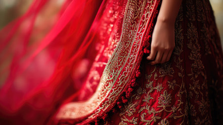 A stunning close-up of an elegant red dress featuring intricate embroidery, showcasing the fine craftsmanship and vibrant details that make it unique.の素材