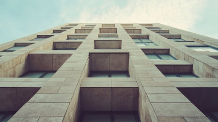 Explore a striking modern building featuring a unique facade with geometric elements and large windows, captured from a low angle.の素材
