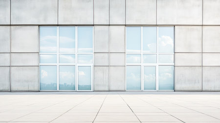 A striking modern facade featuring large glass windows set against a smooth concrete wall, perfect for showcasing minimalist architectural designs.の素材