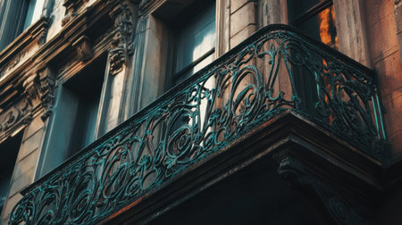 A captivating view of an ornate wrought iron balcony showcasing intricate details and vintage charm, perfect for urban architecture enthusiasts.の素材
