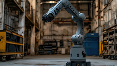 A detailed view of a modern industrial robot arm situated in an urban workshop environment. The image showcases technology at work in manufacturing.の素材