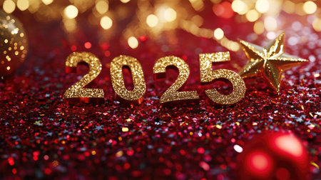 Celebrate the arrival of 2025 with this vibrant image featuring sparkling gold numbers, festive decorations, and a lively background, perfect for New Year themes.の素材