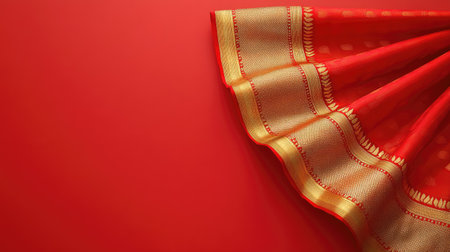 This image features an elegant red fabric with gold detailing, perfectly draped against a rich red background, showcasing texture and tradition.の素材