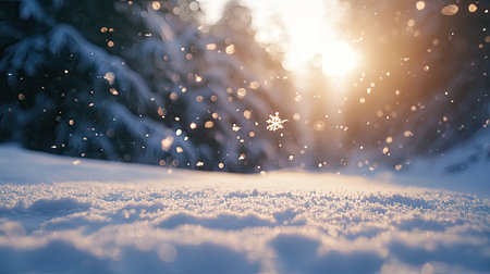 A captivating winter scene showcasing snow-covered ground with soft, glowing sunlight filtering through trees. A tranquil and serene atmosphere perfect for holiday themes.の素材