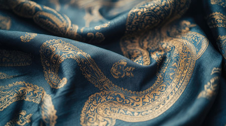 This image showcases a beautiful close-up of a luxurious fabric with an intricate gold pattern on deep blue. Perfect for design projects focused on elegance and craftsmanship.の素材