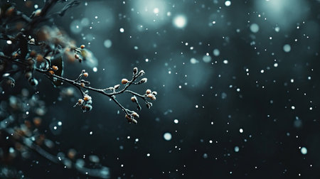 A tranquil winter scene featuring a branch adorned with berries, immersed in softly falling snowflakes, evoking a serene atmosphere.の素材