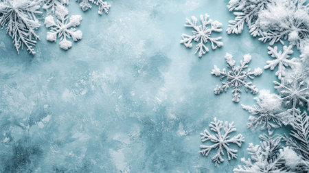 A serene winter scene featuring delicate snowflakes on a soft blue background, perfect for holiday designs and winter-themed projects.の素材