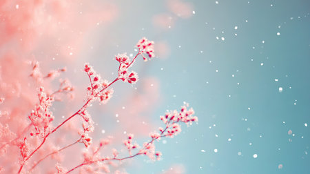A stunning visual of delicate blossoms on a branch, set against a soft blue background, capturing the essence of spring and beauty in nature.の素材
