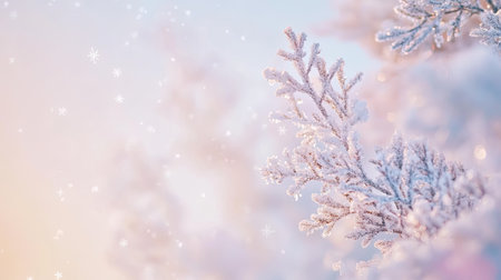 A serene image of a frosted branch adorned with delicate snowflakes, capturing the essence of winter. A soft light creates a peaceful atmosphere, perfect for nature-themed projects.の素材