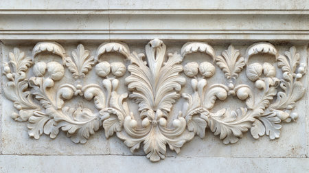 Closeup of an ornate decorative architectural detail showcasing intricate floral patterns and elegant craftsmanship in stone relief. Perfect for design projects.の素材