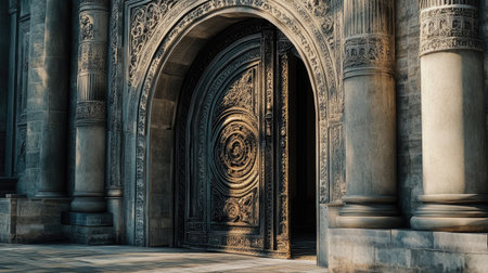 Discover a beautifully crafted carved doorway featuring intricate designs and detailed architecture, highlighting the elegance of historic craftsmanship.の素材