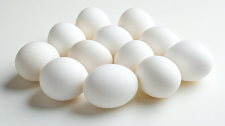 A group of fresh white eggs arranged elegantly on a plain surface. Ideal for culinary themes, food styling, and minimalistic presentations.の素材