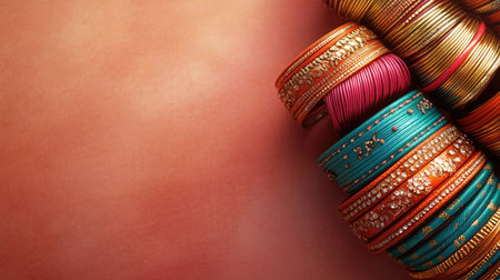 A collection of colorful bangles arranged artistically on a warm background. Perfect for showcasing traditional jewelry or celebrating cultural beauty.の素材